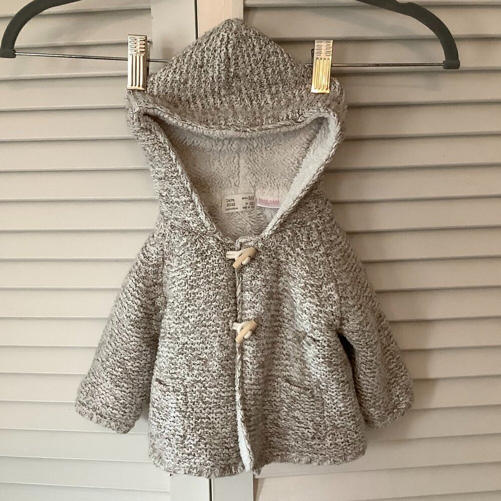Zara baby hooded cardigan toggle 3-6 months neutral sherpa grey taupe cream